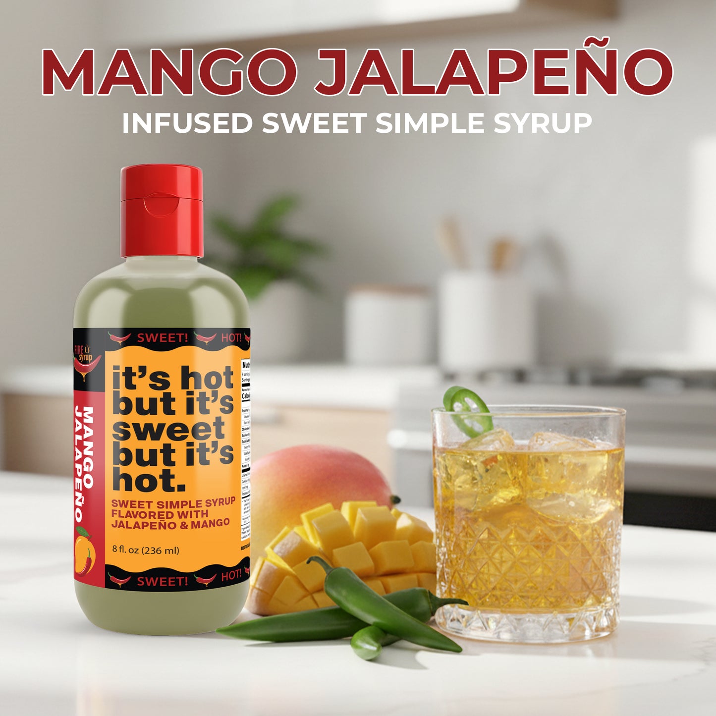Fire Syrup - Mango Jalapeno Simple Syrup - It's Hot But It's Sweet But It's Hot! - 8 oz Bottle of Mango Jalapeno Infused Simple Syrup for Cocktails, Foods and Desserts! Great for Spicy Margarita!