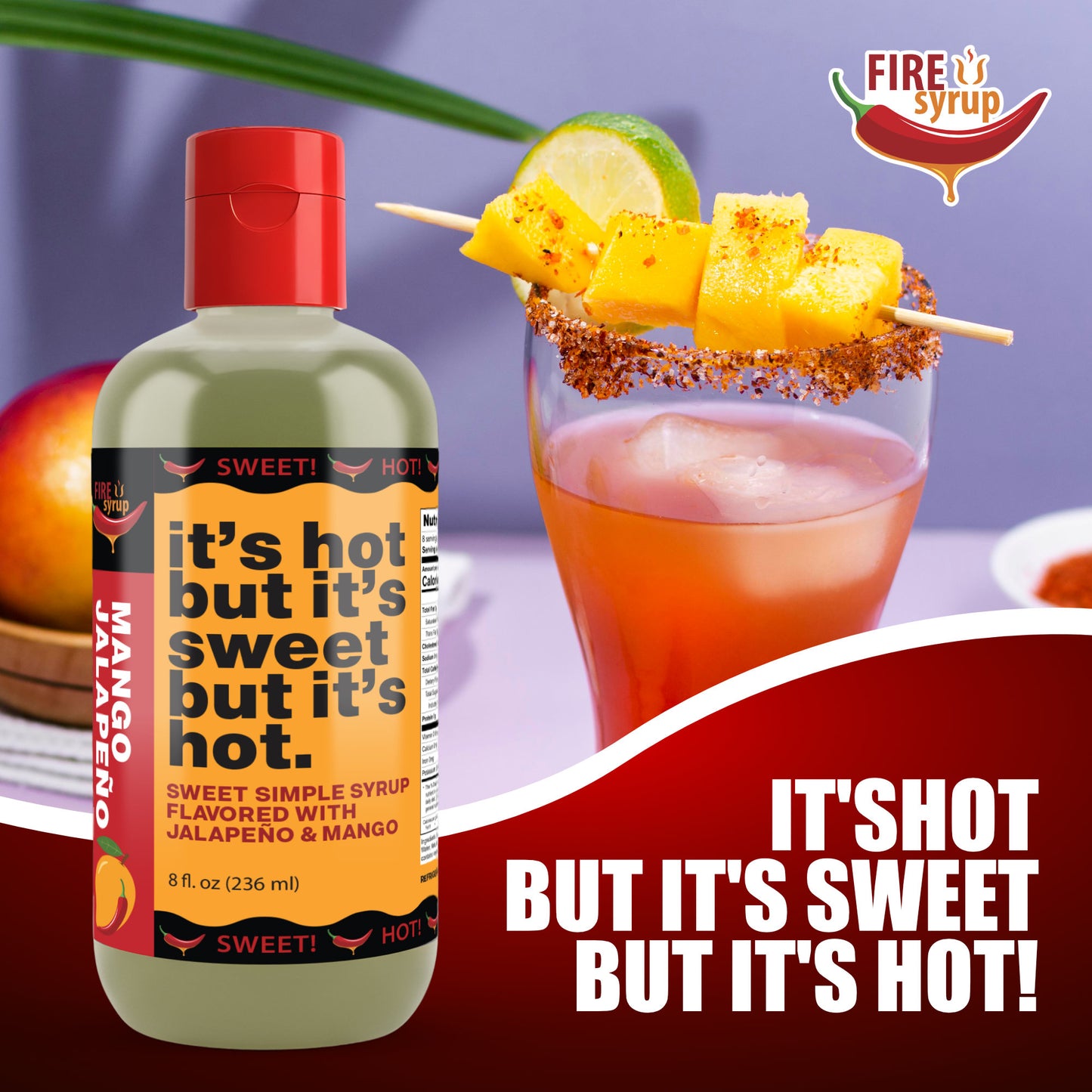Fire Syrup - Mango Jalapeno Simple Syrup - It's Hot But It's Sweet But It's Hot! - 8 oz Bottle of Mango Jalapeno Infused Simple Syrup for Cocktails, Foods and Desserts! Great for Spicy Margarita!