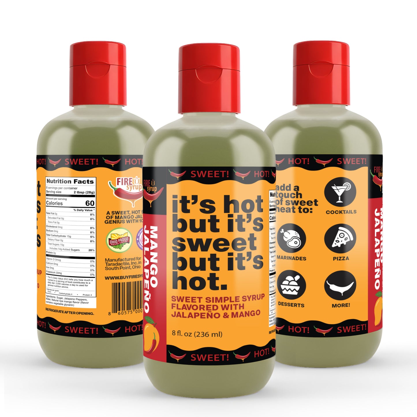 Fire Syrup - Mango Jalapeno Simple Syrup - It's Hot But It's Sweet But It's Hot! - 8 oz Bottle of Mango Jalapeno Infused Simple Syrup for Cocktails, Foods and Desserts! Great for Spicy Margarita!