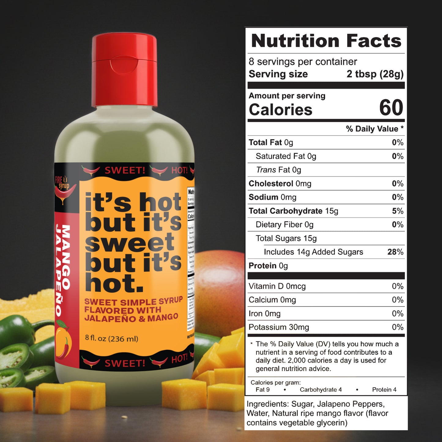 Fire Syrup - Mango Jalapeno Simple Syrup - It's Hot But It's Sweet But It's Hot! - 8 oz Bottle of Mango Jalapeno Infused Simple Syrup for Cocktails, Foods and Desserts! Great for Spicy Margarita!